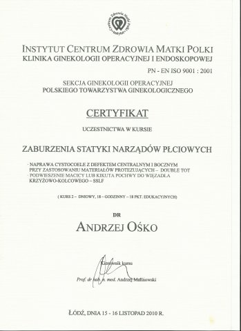 Andrzej Ośko - Certyfikaty